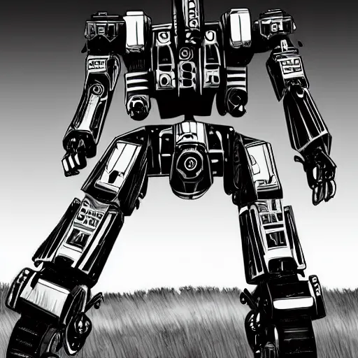 Image similar to Old tractor turned into a walker mech, black and white Battletech mech art, digital painting, white background