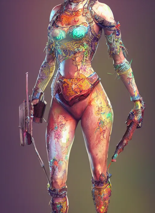 Prompt: detailed full body concept art illustration colorful oil painting of a beautiful 3d render of a female huntress in full intricate clothing, ultra detailed, digital art, octane render, 4K, dystopian, micro details, hyper realistic