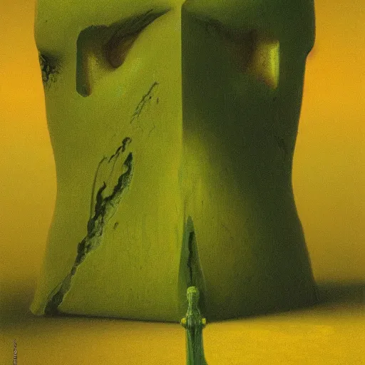 Image similar to Angry Swiss Cheese, dark fantasy, yellow and green, artstation, painted by Zdzisław Beksiński and Wayne Barlowe