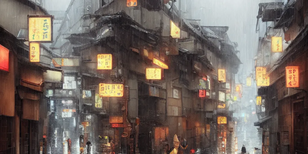 Image similar to a painting of a rain soaked back street in osaka, digital art, trending on artstation, by studio ghibli and greg rutkowski. spirited away. trending on artstation, hyperrealism, unreal engine