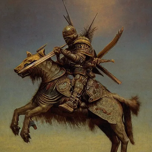 Prompt: winged hussar riding a war bear in armor, beksinski