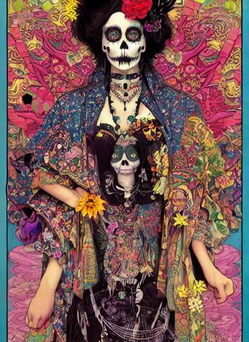 Image similar to cute punk goth fashion fractal Día de los Muertos tattooed hippy girl wearing kimono posing by Zhang Jingna, psychedelic poster art of by Victor Moscoso Rick Griffin Alphonse Mucha Gustav Klimt Ayami Kojima Amano Charlie Bowater, masterpiece