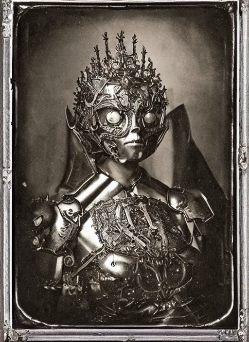 Image similar to old wetplate daguerreotype frame portrait of a futuristic silver armored pretty queen elisabeth emperor district 9 cyborg, fractal, intricate, elegant, highly detailed, subsurface scattering, by jheronimus bosch and greg rutkowski and louis jacques mande daguerre