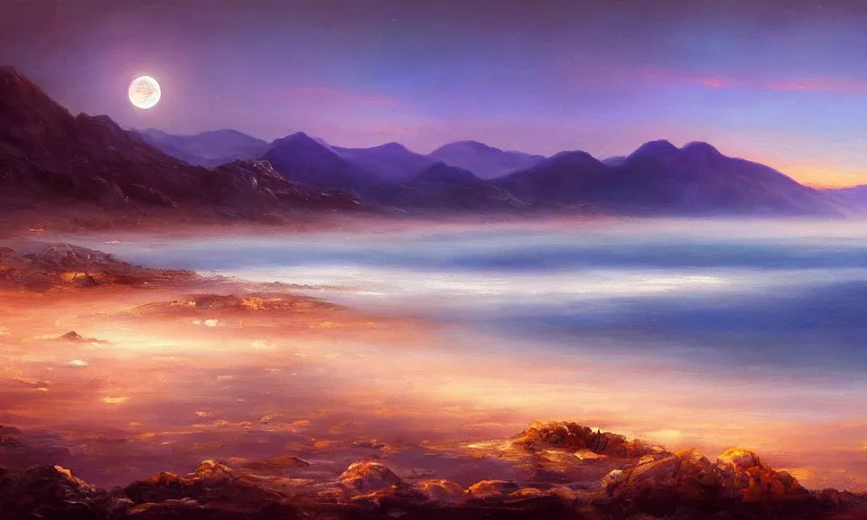 Prompt: the most beautiful panoramic landscape, oil painting, a beach at night lit by the moon, mountains in the distance, clouds, foggy, cinematic lighting, highly detailed, very realistic