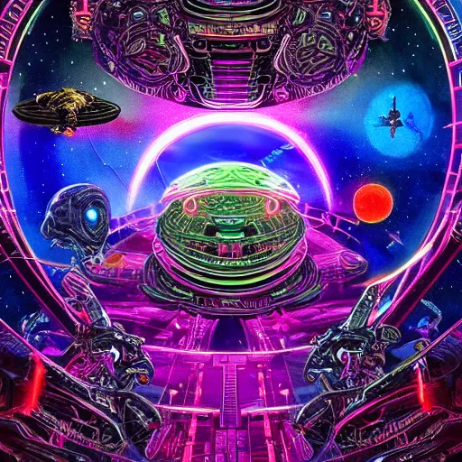 Image similar to an alien battle in space, epic, intricate, ultra detailed, intricate, 8 k, neon colors, in the style of mark cooper