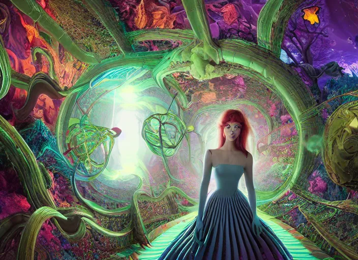 Image similar to vfx surreal 3 d portrait of alice from wonderland walking into a non - euclidean and infinite tunnel of evanescent hallucinatory images in endless mirrors that temporarily cling to a virtual node of experience called the self in an illusion called spacetime, hyperdetailed, octane render, by jeff soto and daniel merriam and pixar, nvidia raytracing demo