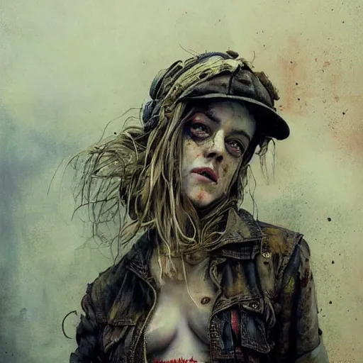 Image similar to riley keough as an apocalyptic wasteland wanderer, steelpunk, abandoned steelworks, grime and grunge, in the style of adrian ghenie, esao andrews, jenny saville,, surrealism, dark art by james jean, takato yamamoto, kodak ektar