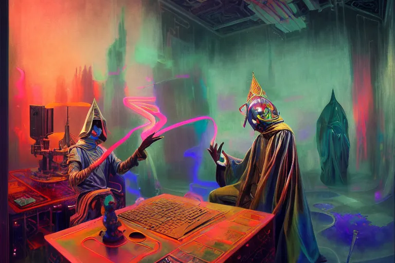 Image similar to a highly detailed beautiful masterpiece painting of a technomancer wizard in robes with pointed hood discussing sentience with his synthesized AI djinn in his laboratory near a computer by Remedios Varo and Anato Finnstark and Greg Rutkowski, dayglo pink, dayglo blue, dazzle camouflage, 8k, trending on ArtStation