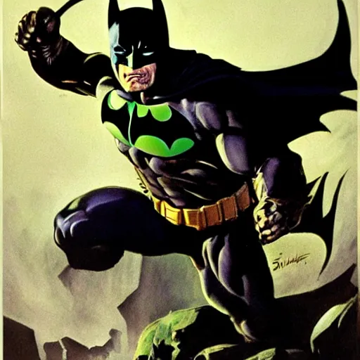 Image similar to frank frazetta the hulk as batman, 8 k, realistic, photo real, smooth, sharp, intricate detail, hyper detail, dramatic lighting, dramatic shading