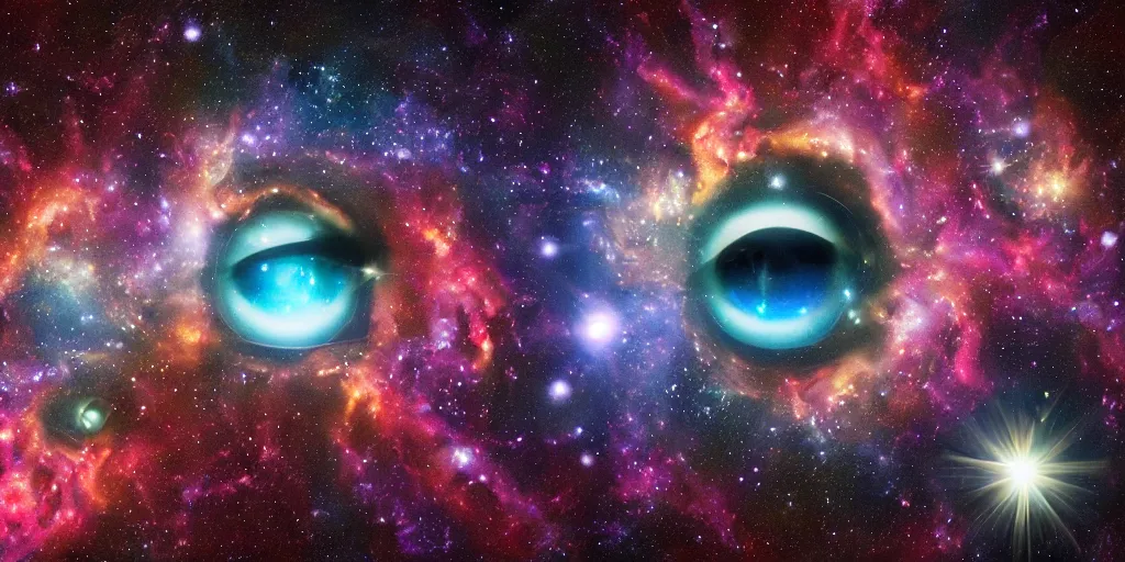 Image similar to equirectangular image of eyeballs floating in space, galaxies and nebula in the background, hyper detailed