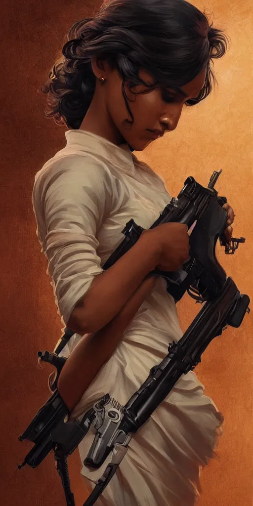 Image similar to sri lankan girl with a gun, angery emotion, intricate, elegant, highly detailed, digital painting, artstation, concept art, smooth, sharp focus, illustration, art by artgerm and greg rutkowski and alphonse mucha