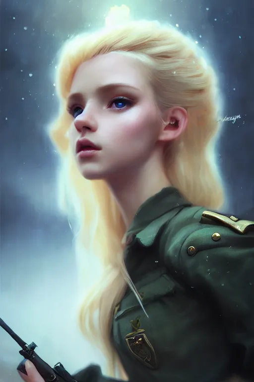 Image similar to cinematic shot of an epic portrait of a cute blonde fairy dressed in military clothes, stylised military clothes, shiny skin, beautiful eyes, beautiful, small details, night setting, realistic poster with volumetric light from craig mallism, artgerm, jeremy lipkin and michael garmash, unreal engine, radiant light, digital art, trends at art station, a masterpiece