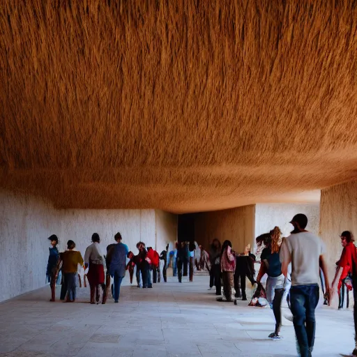 Prompt: indoor photo of a complex cultural building made of totemic rammed earth, people walking