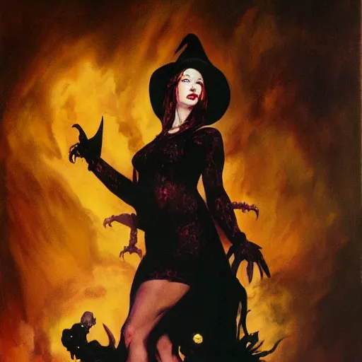 Prompt: traci lords as a witch, summoning zombies, hyper realistic, sharp focus, 4k, painting by frank frazetta