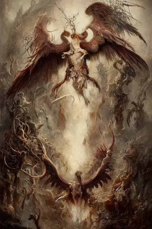 Prompt: breathtaking soft painting of many birds with silk veil, outside of a meat cathedral in flames, by guillermo lorca and peter mohrbacher, white milk splash in bleeding meat and flesh, dynamic movement, intricate gothic bones and meat, rembrandt style, elegant, highly detailed, artstation, concept art, fantasy art, sharp focus, art by luis royo