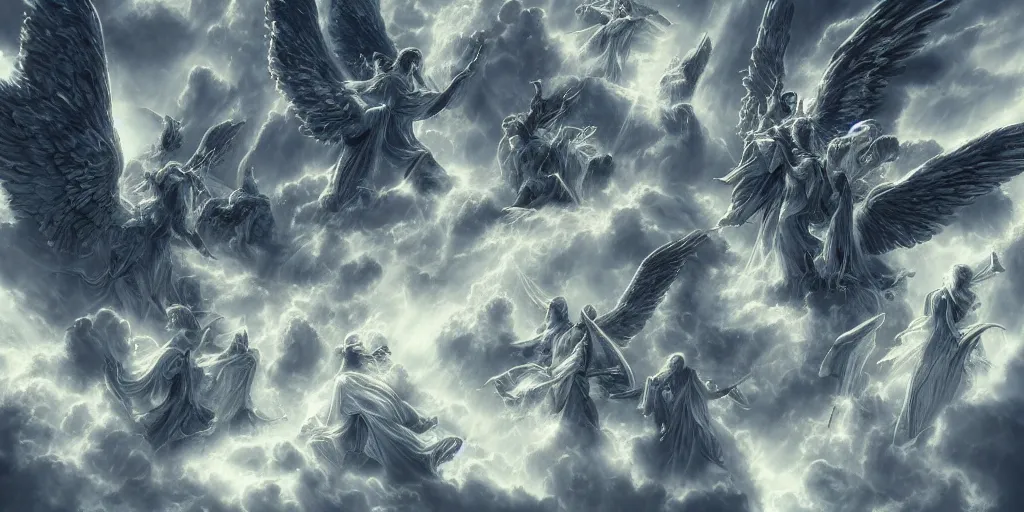 Image similar to the celestial cohort in all its glory, the angels, archangels, cherubims, thrones, dominions, seraphims, holy lighting, epic clouds, heaven, amazing,