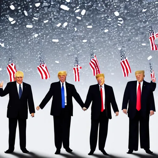 Image similar to boris johnson, vladimir putin and donald trump holding hands, raining dollars, oil field background, 4 k, dslr photo, realistic, accurate