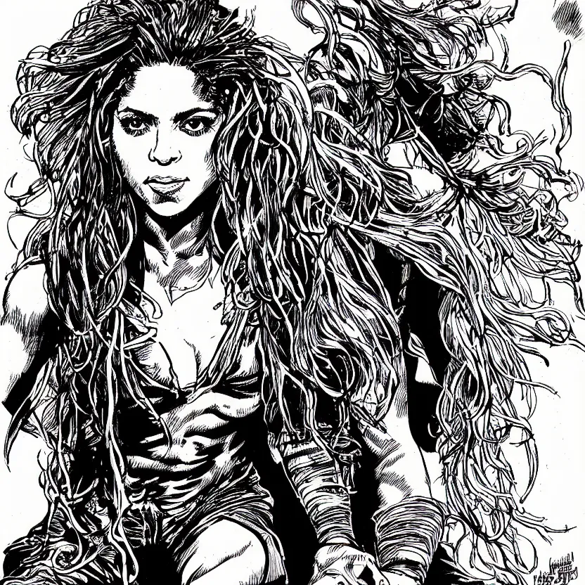 Image similar to portrait of shakira in the style of marc silvestri pen and ink drawing, high detail