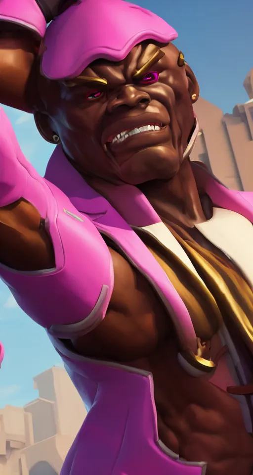 Image similar to doomfist, pink blazer, overwatch game, digital art, high detailed, artstation, octane render