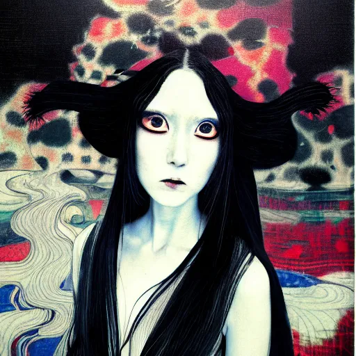 Image similar to yoshitaka amano blurred and dreamy realistic three quarter angle portrait of a woman with long white hair, black eyes and black lipstick wearing dress suit with tie, junji ito abstract patterns in the background, satoshi kon anime, noisy film grain effect, highly detailed, renaissance oil painting, weird portrait angle, blurred lost edges