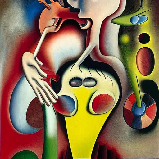 Prompt: Oil painting by Roberto Matta. Strange mechanical beings kissing. Portrait by Takashi Murakami. Yves Tanguy. Dali.