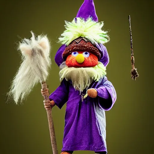 Image similar to foxfolk wizard druid as a fluffy chibi muppet plush wearing a wizard cloak and holding a staff made from a stick with an amethyst gemstone tied at the top, photorealistic, photography, national geographic, sesame street