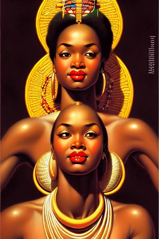 Prompt: an african goddess queen in a temple by gil elvgren and norman rockwell and rob gonsalves and hajime sorayama, hyperrealistic, high detail, ultra detailed, highly detailed face, feminine facial features