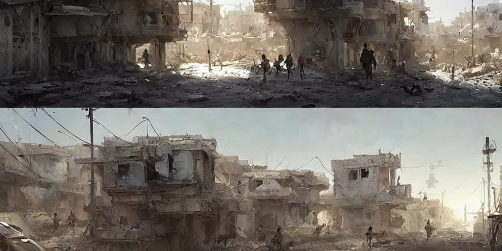 Prompt: beautiful syrian slums, concept art, for modern warfare, painted by greg rutkowski, highly detailed,