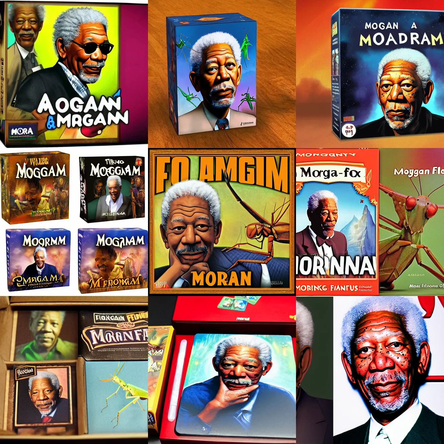 Prompt: a board game box cover about morgan freeman and a praying mantis