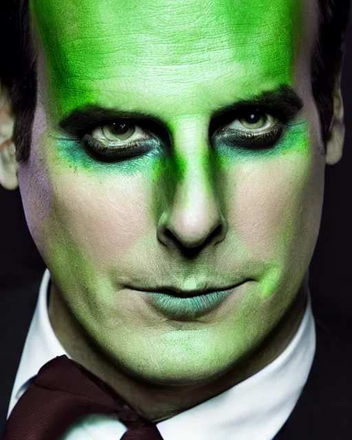 Image similar to Will Arnett as Beetlejuice, makeup, dark green hair, cinematic lighting, 4k photograph