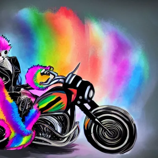 Image similar to wide angle full body, jacket wearing fluffy cute rainbow kitten wearing a black leather motorcycle jacket, riding on a motorcycle, cinematic concept art