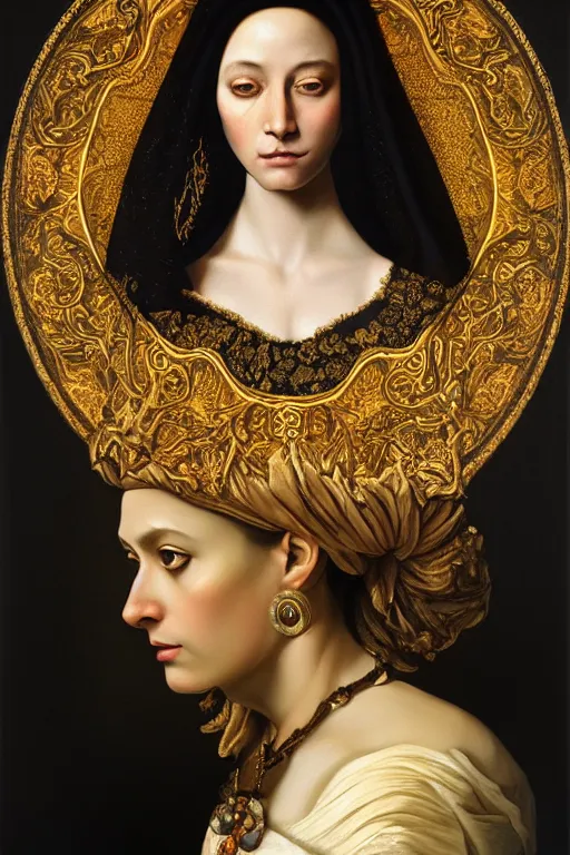 Prompt: portrait, headshot, digital painting, of Mother Ayahuascaa as a 17th century, beautiful female Royal, dark hair, amber jewels, baroque, ornate clothing, scifi, futuristic, realistic, hyperdetailed, chiaroscuro, concept art, art by caravaggio