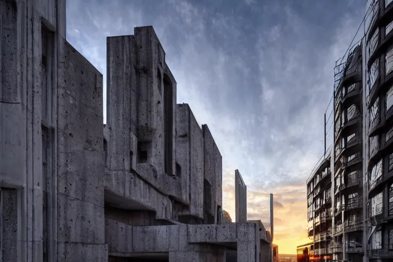 Prompt: streetscape _ a _ towering _ cathedral _ of _ brutalist _ ar chitecture _ buildings _ covered _ with _ greebles _ stun ning _ volumetric _ light _ sunset _ metal _ concrete _ an