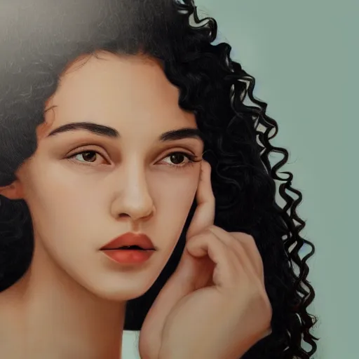 Image similar to portrait of a young lady with curly black hair and brown eyes and round face with thin lips, hyperrealistic, ultra detailed, brown eyes