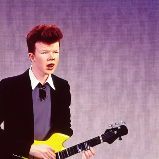 Prompt: young Rick Astley performing Never Gonna Give You Up, singing into a microphone, dancing, black suit, striped shirt, light background, full color photograph, 4k