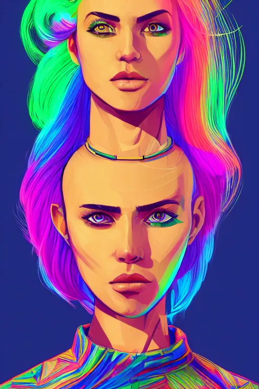 Image similar to a award winning half body portrait of a beautiful woman with stunning eyes in a printed croptop and cargo pants with rainbow colored ombre hairstyle head in motion and hair flying by josan gonzales, outrun, vaporware, shaded flat illustration, digital art, trending on artstation, highly detailed, fine detail, intricate