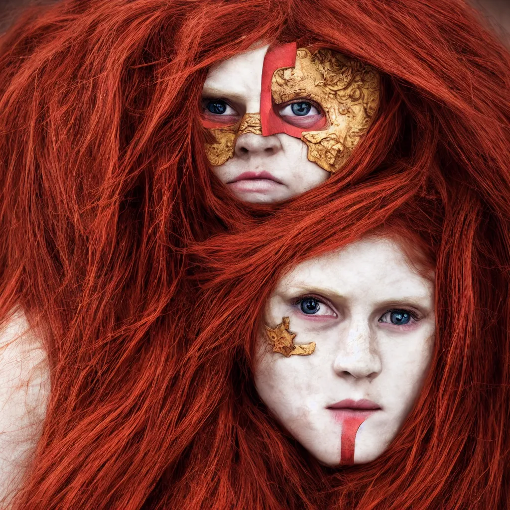 Image similar to woman with wooden mask, long red hair highly detailed, 8 k, hdr, smooth, sharp focus, high resolution, award - winning photo