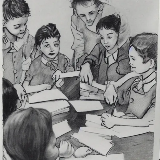 Prompt: The children at Kaycare were always up to something exciting , Childrens Illustration, in the style of Enid Blyton