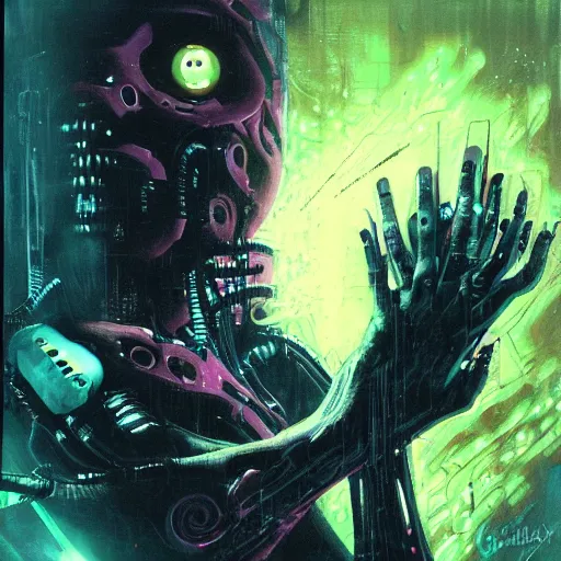 Image similar to shodan from system shock 2, painted by greg rutkowski, painted by drew struzan