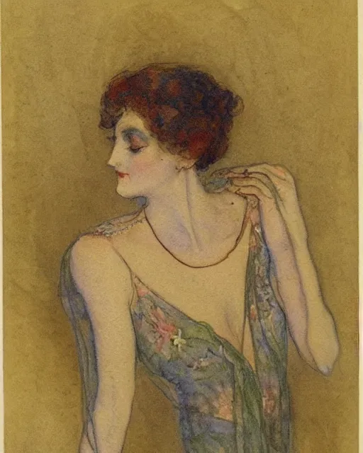 Prompt: beautiful woman by henri privat - livemont, delicate watercolor