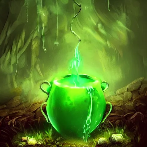 Prompt: a black cauldron filled with a magical green glowing liquid hanging above a campfire, night, fantasy, digital art, mysterious, realistic