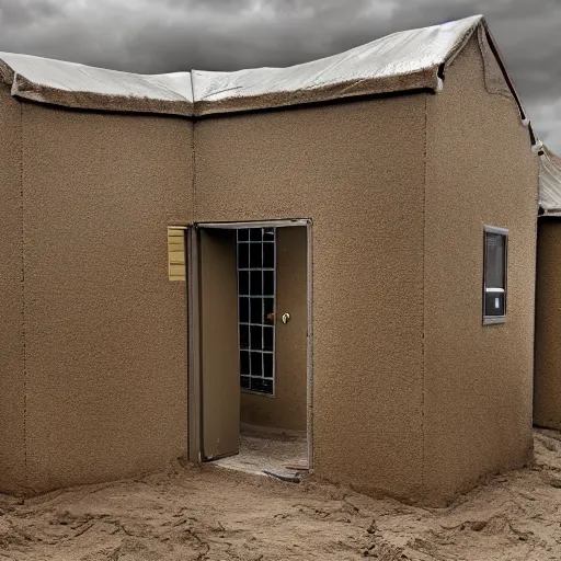 Prompt: an office cubicle covered in mud