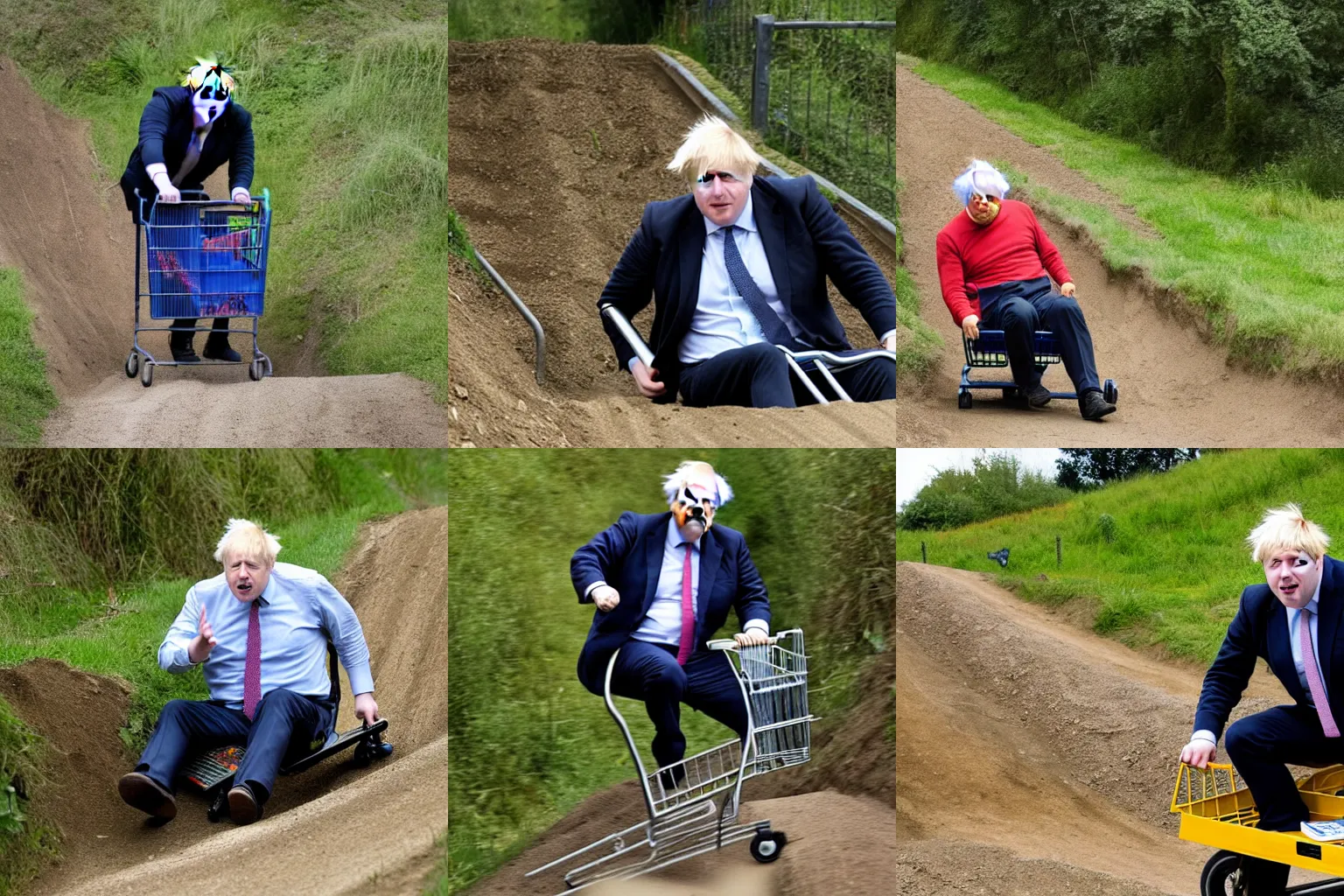 Prompt: Boris Johnson sitting in a shopping cart rolling down a steep dirt ramp in a rural area