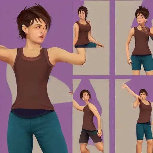 Prompt: POSE(playing guitar) WEAR(sweaty tank-top + sweatpants) APPEAR(short brown hair + short woman + twenty five years old + sticking tongue out) MOOD(vivid) NOTES(featured on ArtStation)