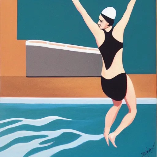 Prompt: acrylic painting on wood of a 1 9 5 0's woman wearing a swimming cap diving from a high diving board into a pool. the pool is out of frame. teal, white, black and grayscale.