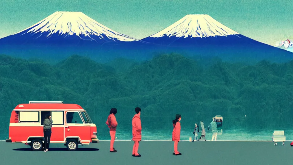 Image similar to a scene of camper travellers touring at yamanaka lake overlooking mount fuji, japan, a collage painting, in the style of wes anderson, lola dupre, david hockney, isolated on negative white space background dark monochrome neon spraypaint accents volumetric octane render