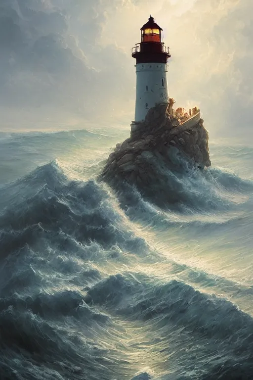 Prompt: epic scene of cthulhu rising from the stormy ocean near a dramatic coastline with lighthouse by peter mohrbacher, masterpiece, artstation, digital painting