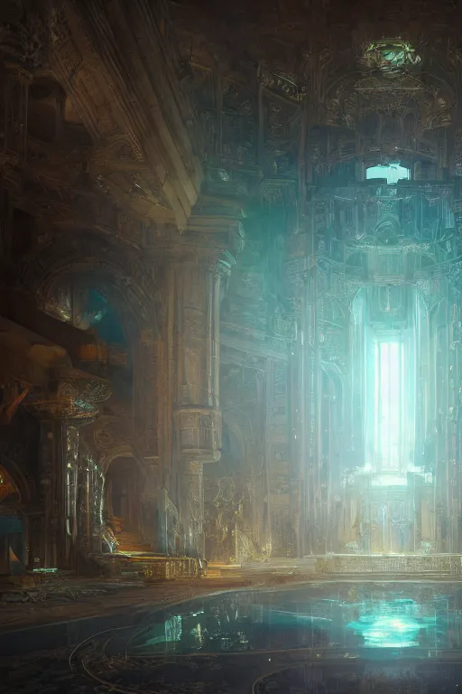 Image similar to inside of an atlantis palace, intricate, elegant, volumetric lighting, digital painting, highly detailed, artstation, sharp focus, illustration, concept art, ruan jia, steve mccurry