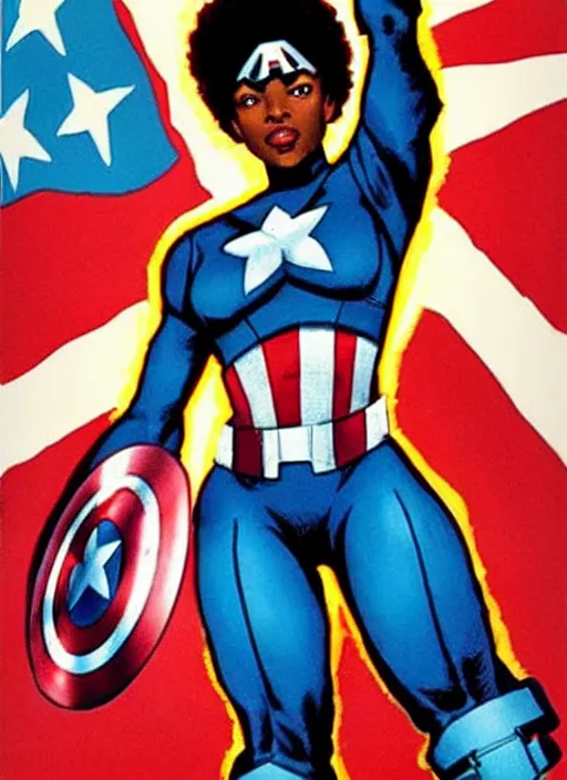 Image similar to beautiful black female captain america. afro - feminist captain america wins wwii. american wwii propaganda poster by james gurney, rob liefeld and pixar. gorgeous face. overwatch, realistic. black power