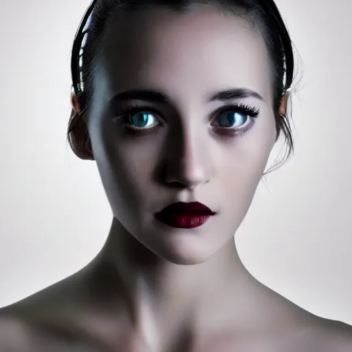 Image similar to photo of beautiful young woman, medium close up, with a cyberpunk camera lens placed over right eye, and robotic implants over face with linear led lights, white background, fine art photography in the style of Bill Henson